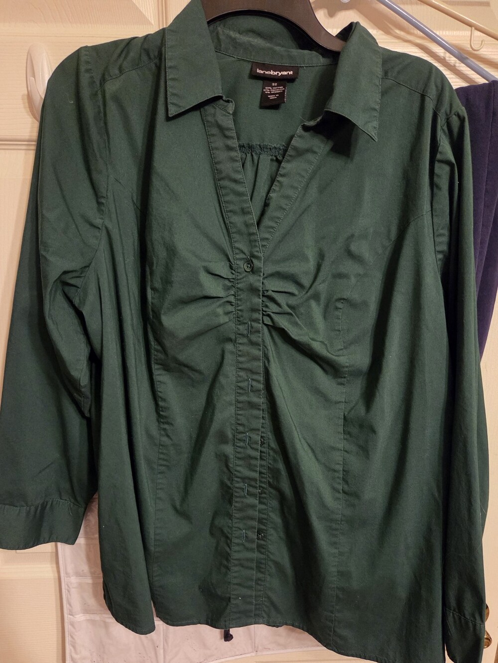 Lane Bryant Womens 22 Dark Green Ruched-Front Button Long-Sleeve Shirt
